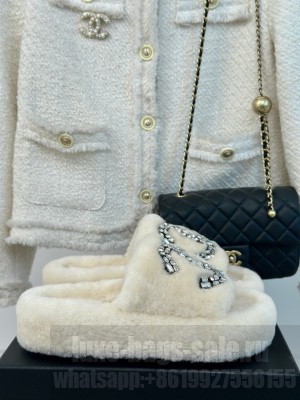 Chanel Wool Platform Rhinestone CC Logo Slide Mules 2024 White