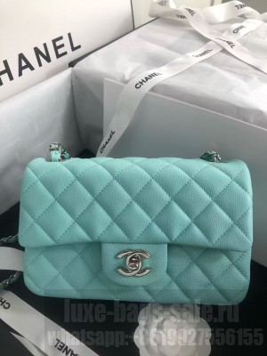 Chanel Flap Shoulder Bag Grained Calfskin Caviar Leather A01116 silver-Tone Metal sky blue