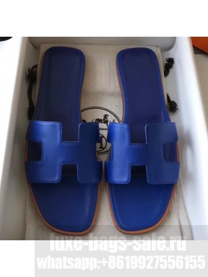 Hermes Oran Flat Slipper Sandals in Swift Box Calfskin Blue
