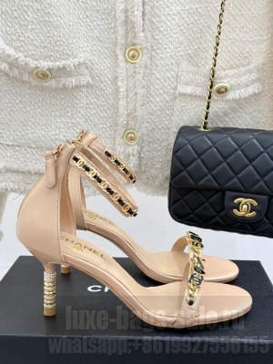 Chanel Calfskin Heel Sandals 7.5cm with Logo Charm Beige 2025