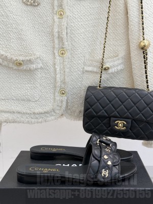 Chanel Quilted Lambskin Flat Slides Sandal with Charm and Buckle Black 2025 