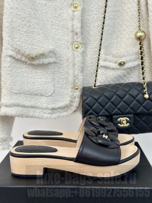 Chanel Calfskin Heel Slides Sandal 4cm with Camellia Bloom 06 