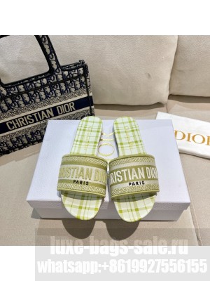 DDior Dway Flat Slide Sandals in Lime Green Check'n'Dior Embroidered Cotton 2021 Collection 