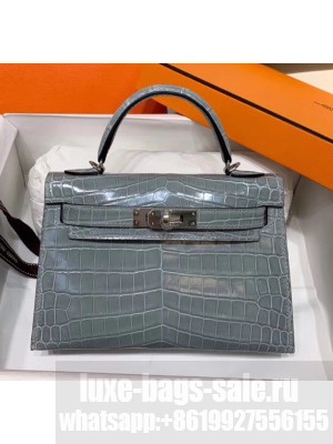 Hermes Mini Kelly II Handbag in Glossy Real Alligator Leather Grey (Handmade) Collection