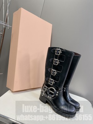 Miu Miu Leather Ankle Boots with Strap Buckle Black 2023 02