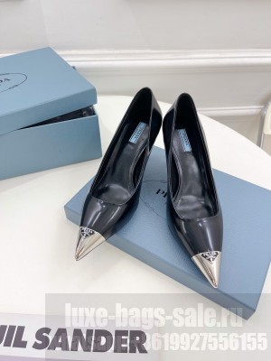 Prada Brush Leather Pumps 7.5cm with Metal Logo 2022 Collection,Black