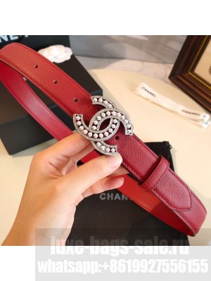 Chanel Grianed Calfskin Belt 30mm with Pearl CC Buckle Red 2019 Collection