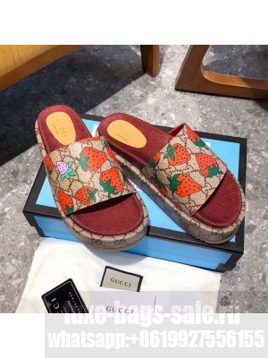 Gucci GG Strawberry Canvas Platform Slide Sandal 573018 Beige 2021 Collection