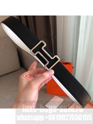 Hermes Tonight Reversible Leather Buckle Belt 38mm Black/White/Silver 2019 Collection