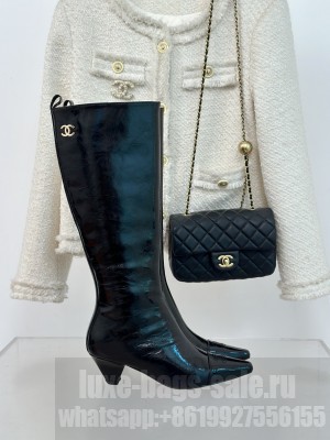 Chanel Women's 5cm CC Logo Patent Leather Black Hight Boots 
