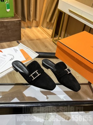 Hermes Velvet Buckle Flat Slide Sandals Black 2022 Collection