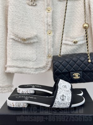 Chanel Mesh Lace Camellia Slide Black
