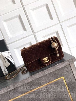 Chanel small Classic Handbag velvet AS1787 dark brown