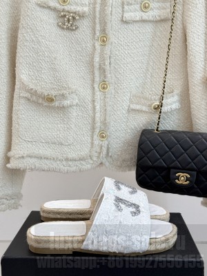 Chanel Tweed Espadrilles Crystal CC Logo Slide Mules White