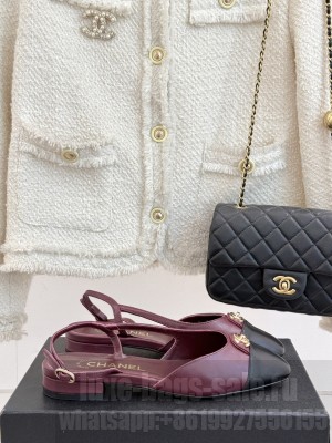 Chanel Lambskin cc Metal slingback Flats sandals Burgundy 2025
