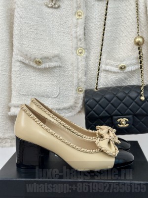 Chanel Women's 6.5cm Heel Chain Around And Bow Lambskin Leather Pumps Beige