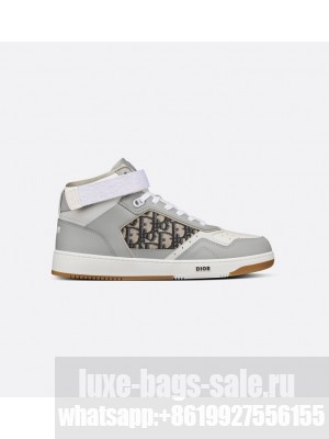 Christian Dior  B27 High-Top Sneaker Gray and White Smooth Calfskin with Beige and Black Dior Oblique Jacquard