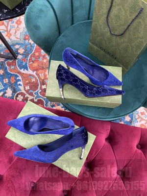 Gucci Women's Velvet 55/75mm bamboo Heel Pump Blue 2021 Collection