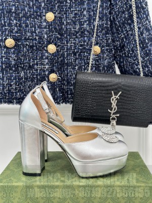 Gucci Metallic Leather Platform Pumps 11.5cm with Crystals Double G Silver