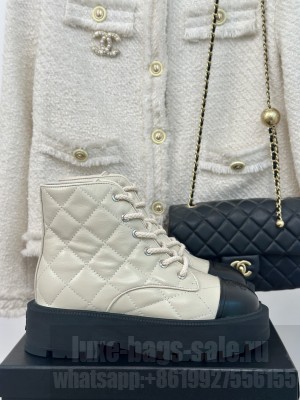 Chanel Quilted Calfskin Lace up 5cm Ankle Boots Cream 2024  
