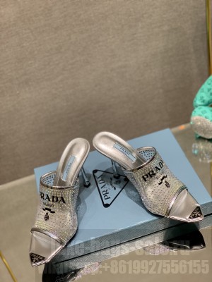 Prada TPU High Heel Mules 10cm with Crystal Studs 2022 Collection,Silver