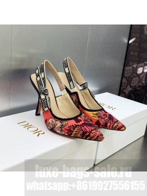 Dior J'Adior Slingback 9.5cm Pump Pink Multicolor Embroidered Cotton with Toile de Jouy Voyage Motif