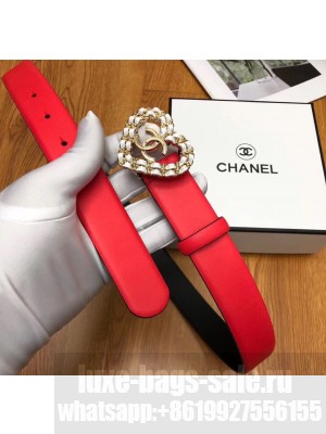 Chanel Width 3cm Chain Heart CC Logo Buckle Leather Belt Red/White