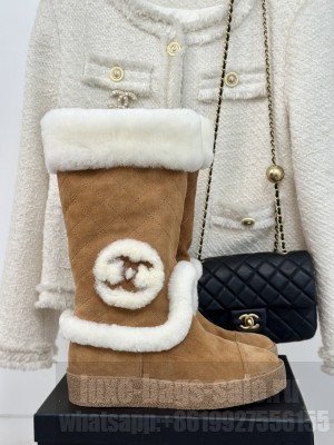 Chanel Quilting Shearling Snow Boots 2024 Brown
