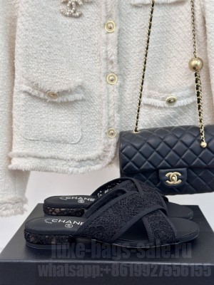Chanel Mesh Lace Camellia Cross Slide Black