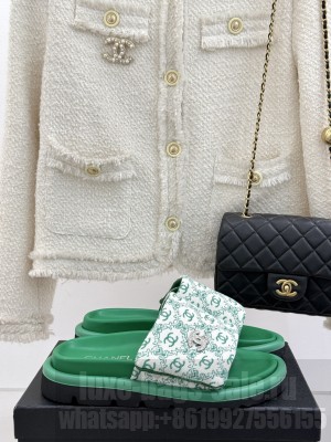 Chanel Printed Canvas Pillow Flat Slides Sandal Green 2025