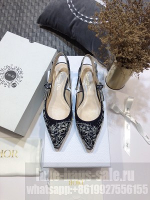 Dior J'Adior Slingback Ballerina Flat in Deep Blue Toile de Jouy Reverse Embroidered Cotton 2021 Collection 