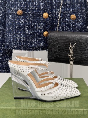 Gucci Women's 10cm White Shiny Leather With Allover studs 827856 Wedge Mule 2025