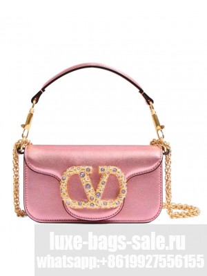 Valentino Garavani Loco Small Shoulder Bag In Laminated Calfskin With Jewel Logo Pink