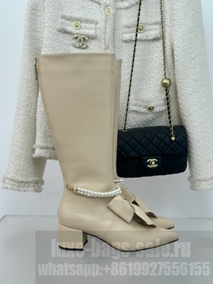 Chanel Beige Calfskin 5.5cm with Maxi Bow and Pearls Long Boots