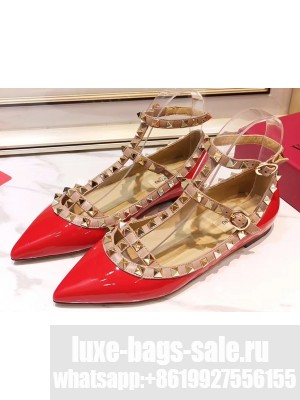 Valentino Rockstud Caged Ankle Strap Ballet Flats Ballerinas in Patent Leather Red