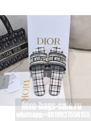 Dior Dway Flat Slide Sandals in French Blue Check'n'Dior Embroidered Cotton 2021 Collection 
