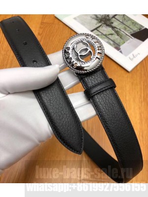Chanel Width 3cm CC Logo Round Buckle Leather Belt Black/Silver