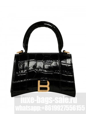 Balenciaga Hourglass Mini Handbag With Chain Crocodile Embossed Black