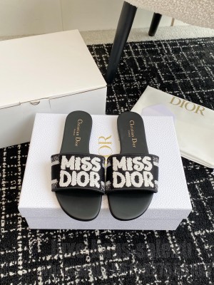 Dior Dway Slide Embroidered Cotton and Black Miss Dior Allover Motif