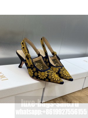 Dior J'Adior Slingback Pumps 6.5cm in Navy Blue and Yellow Canvas Embroidered with Saint-Gall Motif 2023