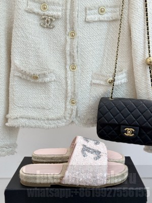 Chanel Tweed Espadrilles Crystal CC Logo Slide Mules Pink