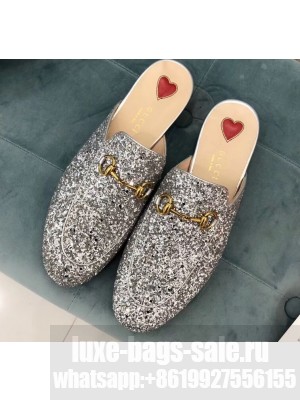 Gucci Women's Princetown Horsebit Slipper Glitter Silver