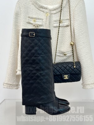 Chanel Calfskin 6.5cm Heel with Foldover and Buckle Strap Black Long Boots 2024