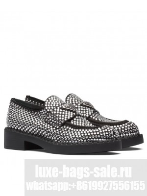 Prada Women's Chocolate Satin Loafers With Crystals White