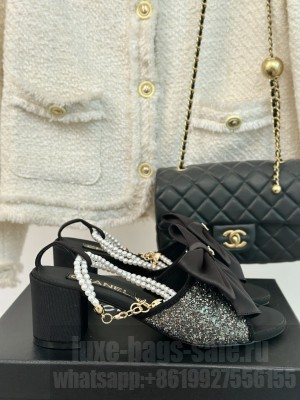 Chanel Glitter Heel 6cm Imitation Pearls G45812 Sandals Black