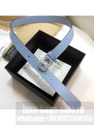 Chanel Leather Belt 30mm with Framed Crystal CC Buckle Blue  2021 Collection