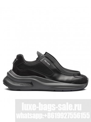 Prada Unisex Systeme Brushed Leather Sneakers With Bike Fabric And Suede Elements Black