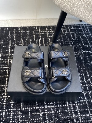 Chanel Grained Calfskin Velcro Dad Slide Sandals Black 2025