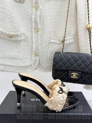 Chanel Beige Fabric Trim Bow Slide Sandals heel 8cm 2025 Beige