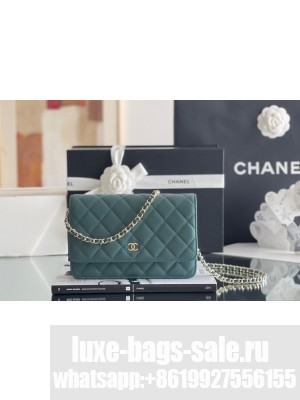 Chanel Grained Calfskin Classic Wallet on Chain WOC Turquoise Green/Light Gold 2024 Top Quality